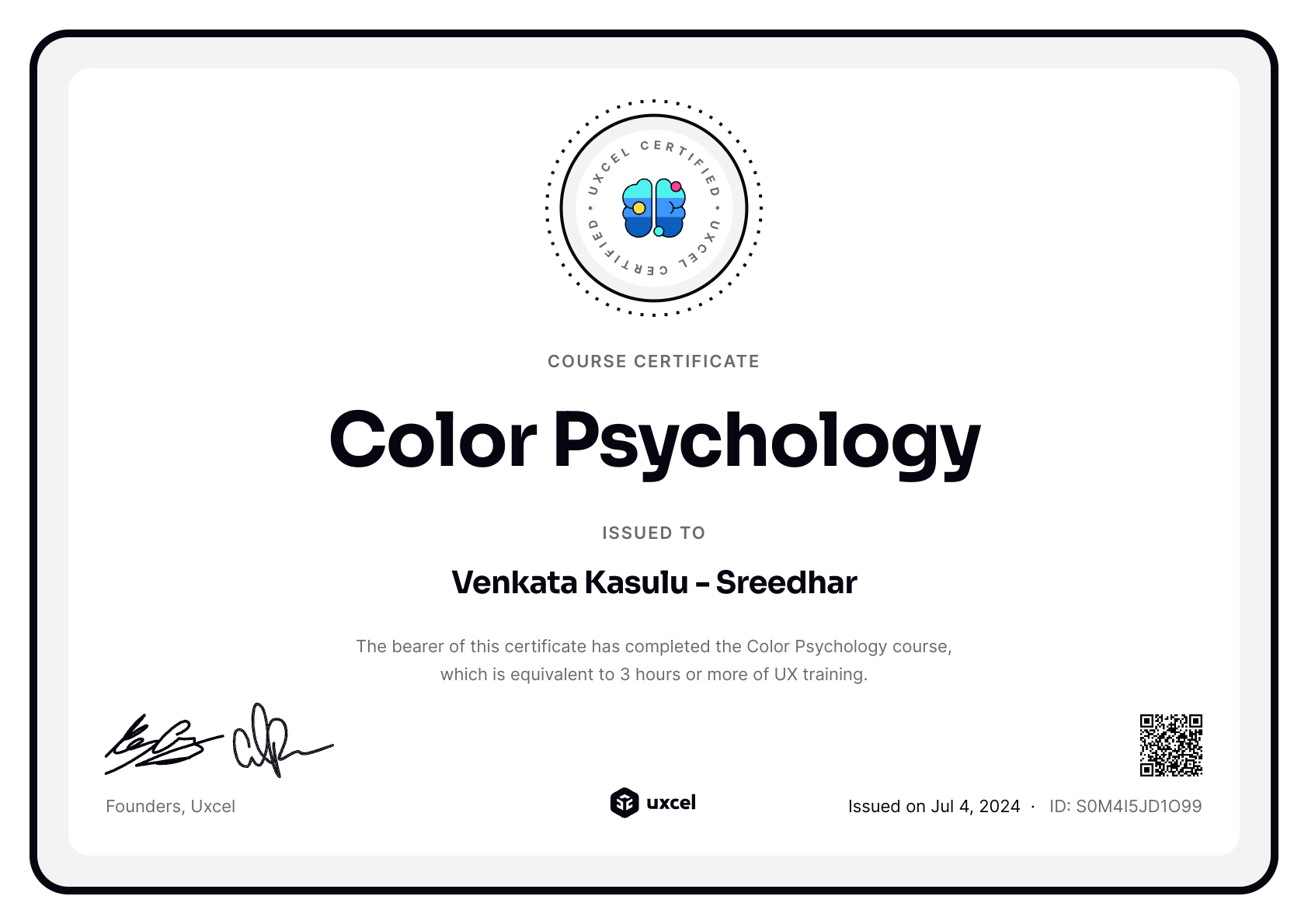 Venkata Kasulu - Sreedhar's certificate